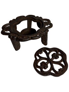 Cast Iron Teapot Warmer Ornate Trivet Stand Removable Top Tealight Holder 6.25"